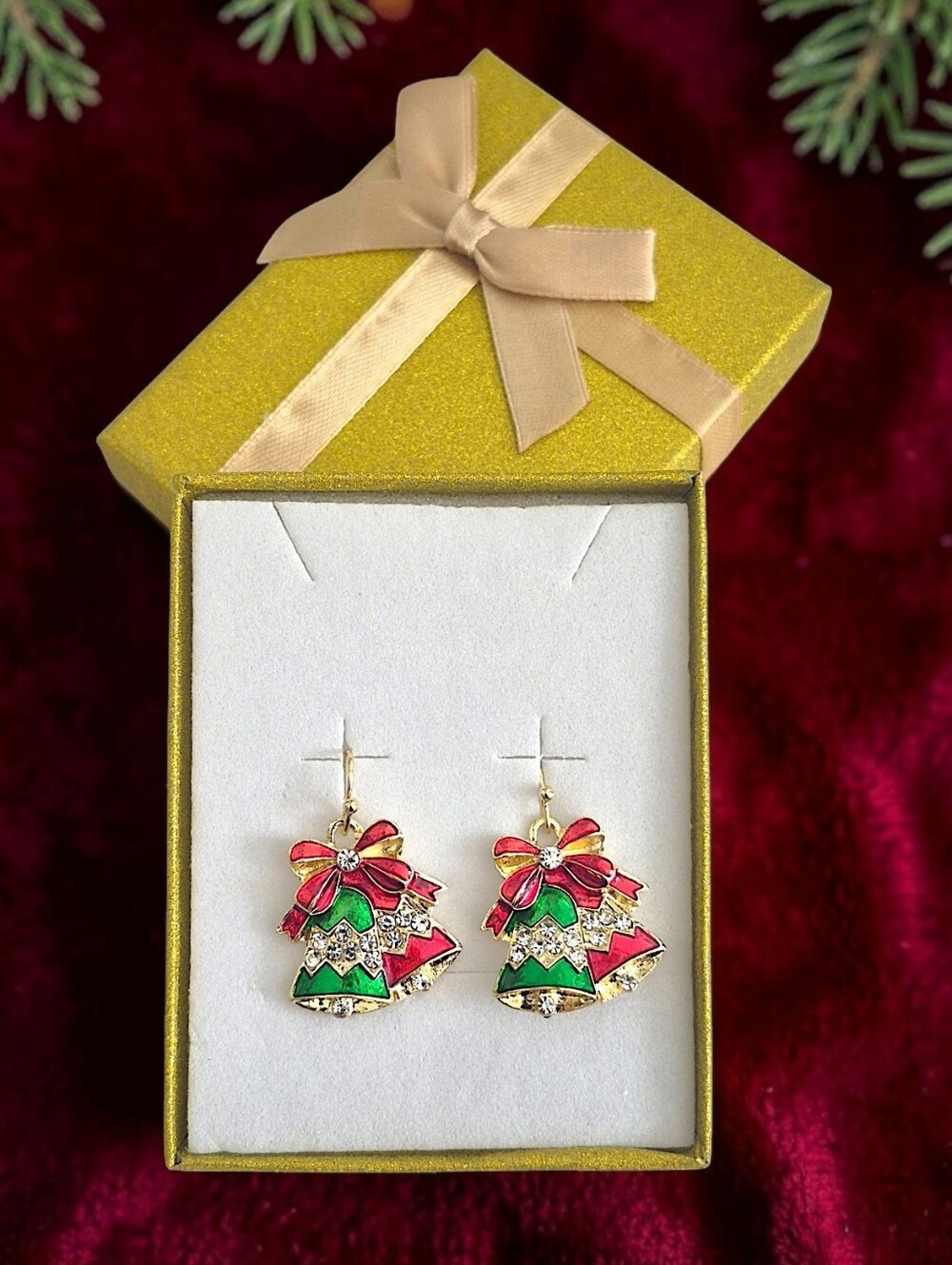 Festive Red & Green Christmas Bell Drop Earrings with Gift Box